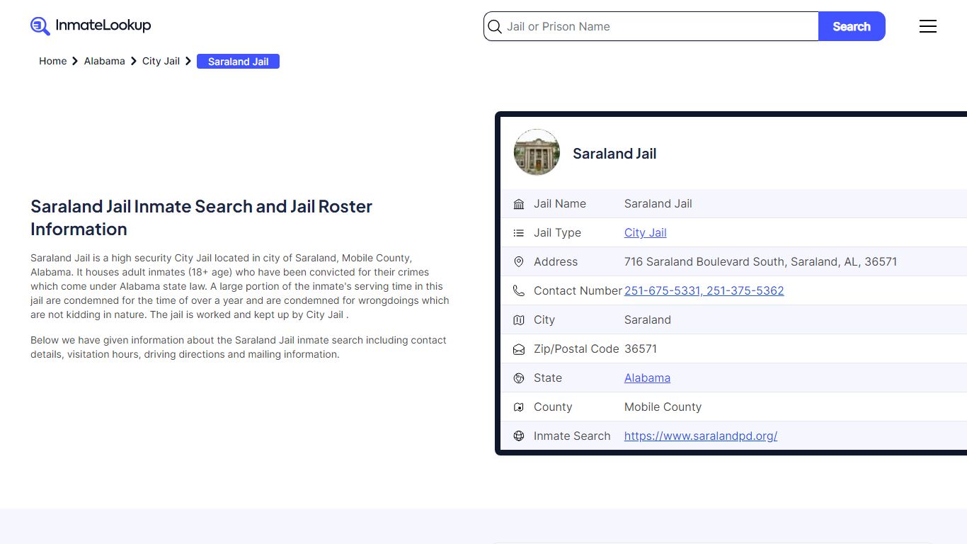 Saraland Jail Inmate Search and Jail Roster Information